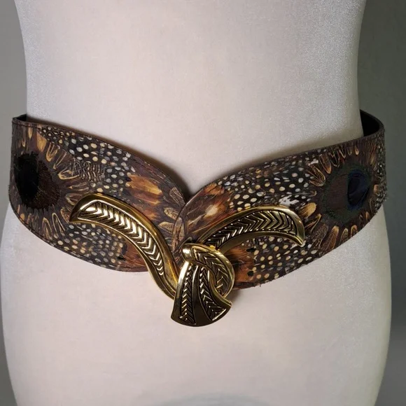 Peacock Feather Vintage 80’s Belt Gold Tone Clasp Genuine Peacock Adjustable - Picture 1 of 10